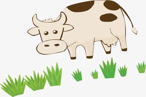 卡通奶牛吃草矢量图